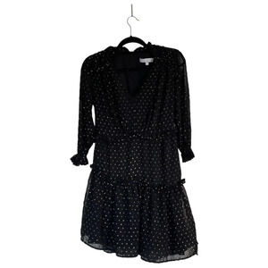 HUNTER BELL Amanda Dress 3/4 Sleeve Black Gold Ruffle Polka Dot Size 2 Party